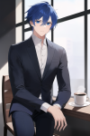 male, blue eyes, blue hair, black pants, black suit, coffee,  s-1290085054.png
